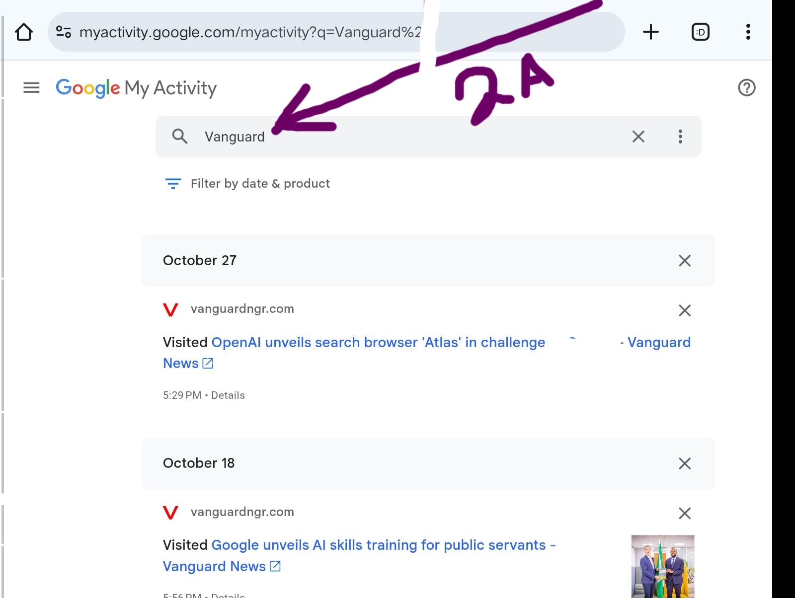 Google Search Activity Dashboard Features screenshot for the filter by product 