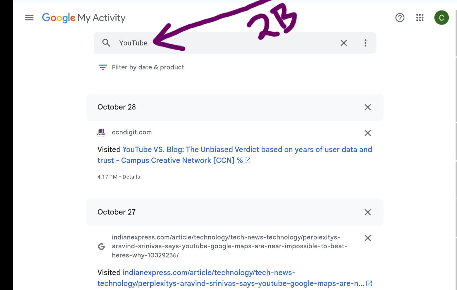 Google Search Activity Dashboard Features screenshot for the filter by product 