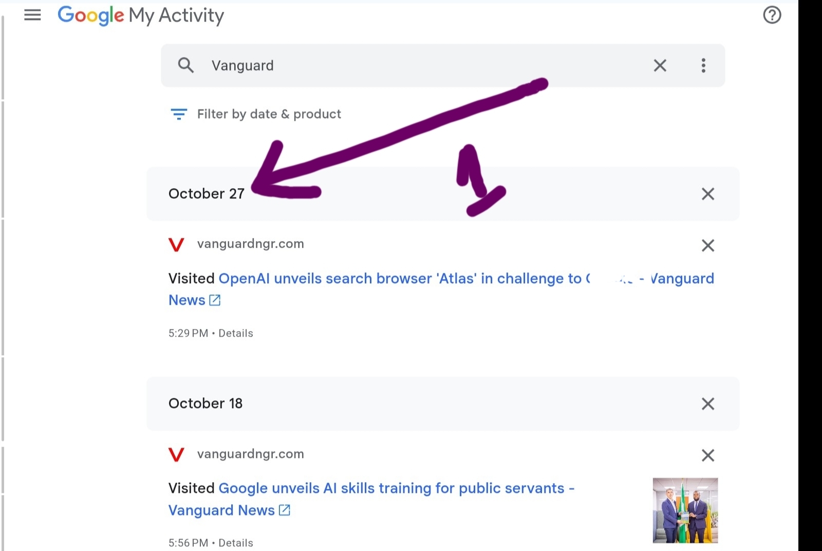 Screenshot of Google Search Activities Dashboard Features I've used