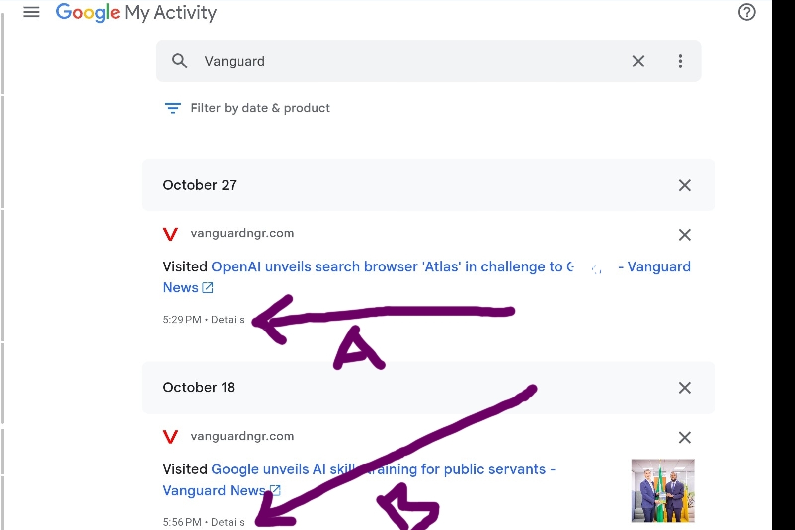 Screenshot of Google Search Activities Dashboard Features 