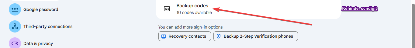 Screenshot of Backup Codes